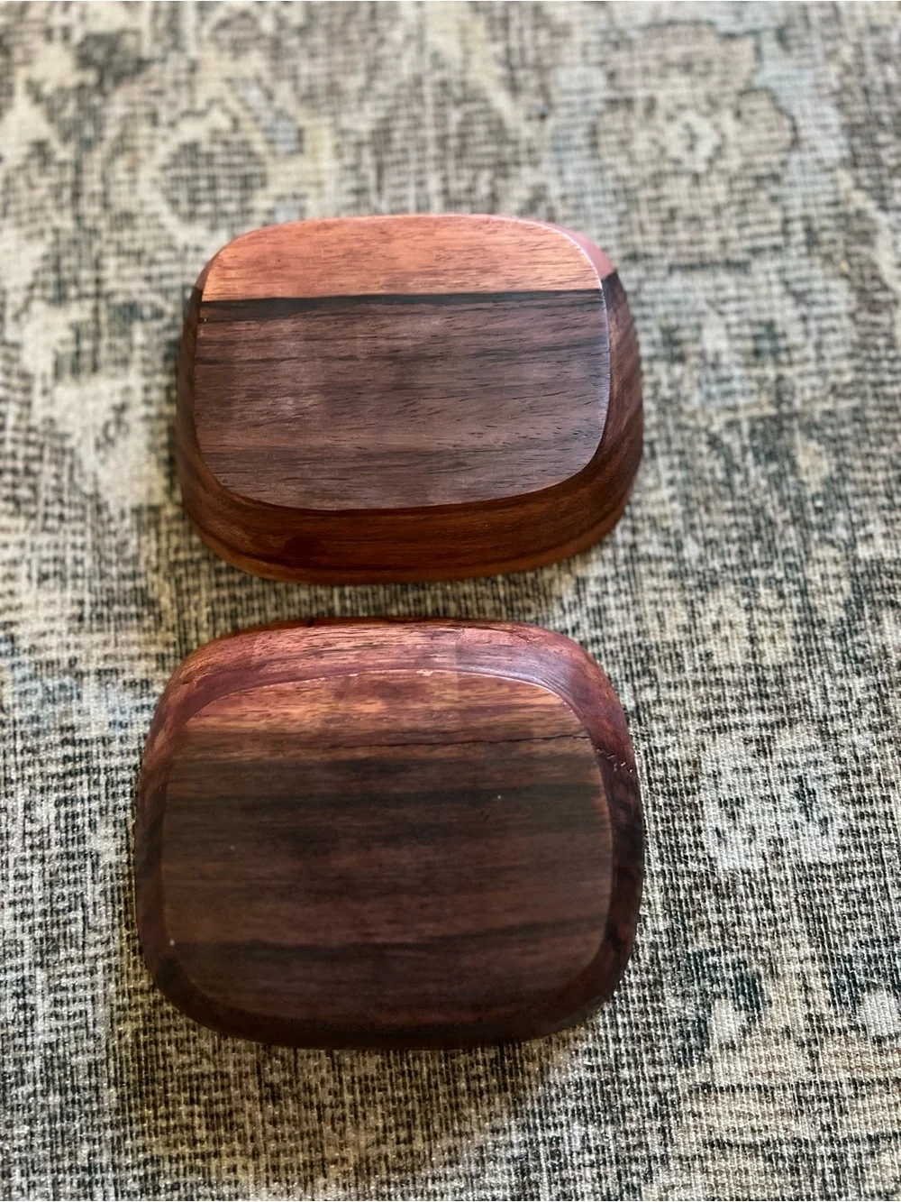 2 Vintage Mid-Century Monkey Pod Wood Double Salt Cellars Mother of Pearl Inlay